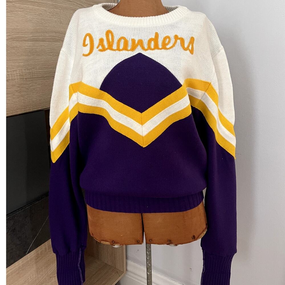 Dehan Sz L Vintage Cheerleader Sweater Purple Acrylic 80's Uniform Islanders - Picture 2 of 13